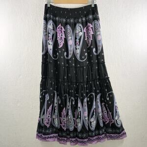 Womens 100% Silk Tiered Maxi Skirt Sz 4 Whimsigoth Paisley Boho Dark Cottage Y2K